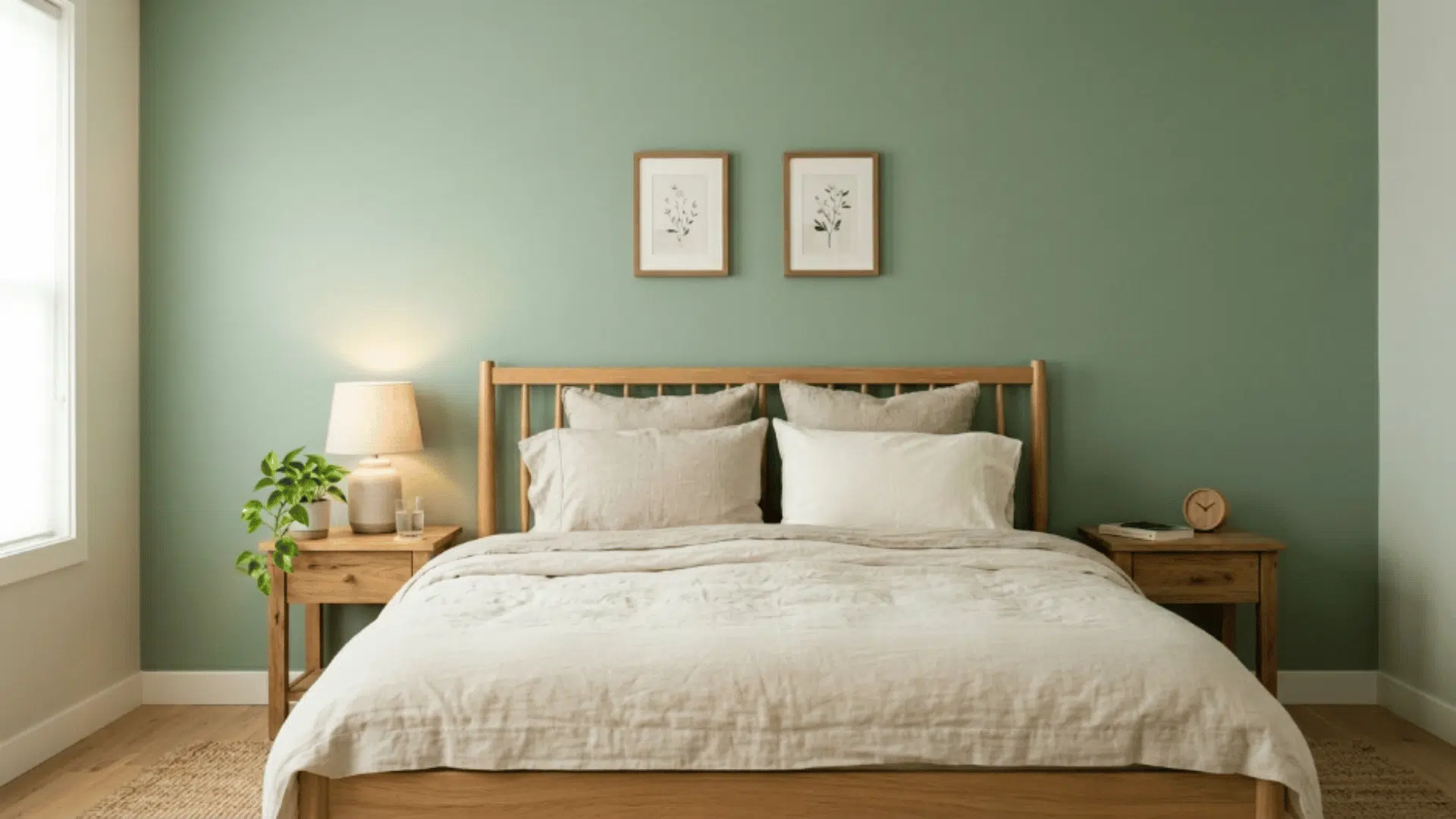 sage green wall with wooden furniture and neutral bedding creating a fresh and relaxed bedroom setup