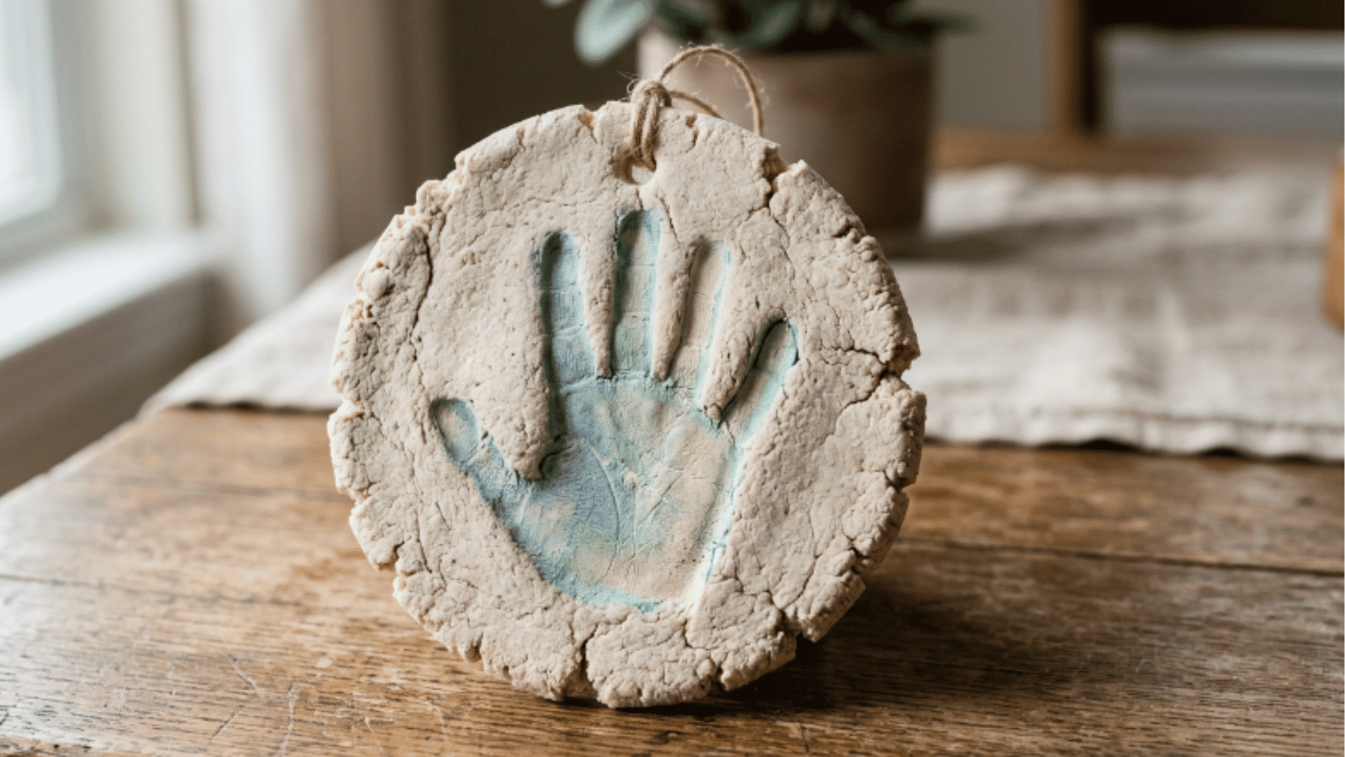 salt dough handprint craft with soft painted colors placed on neutral surface with clean minimal setup (1)