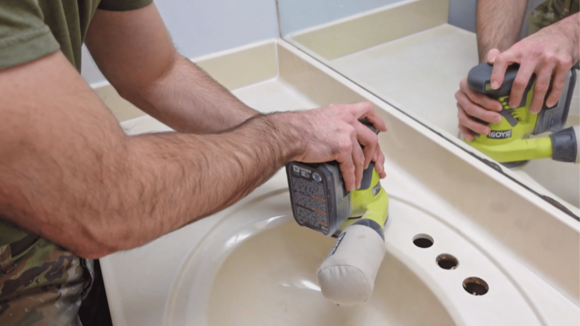 sand vanity lightly using fine grit to create surface grip for primer and paint (1)