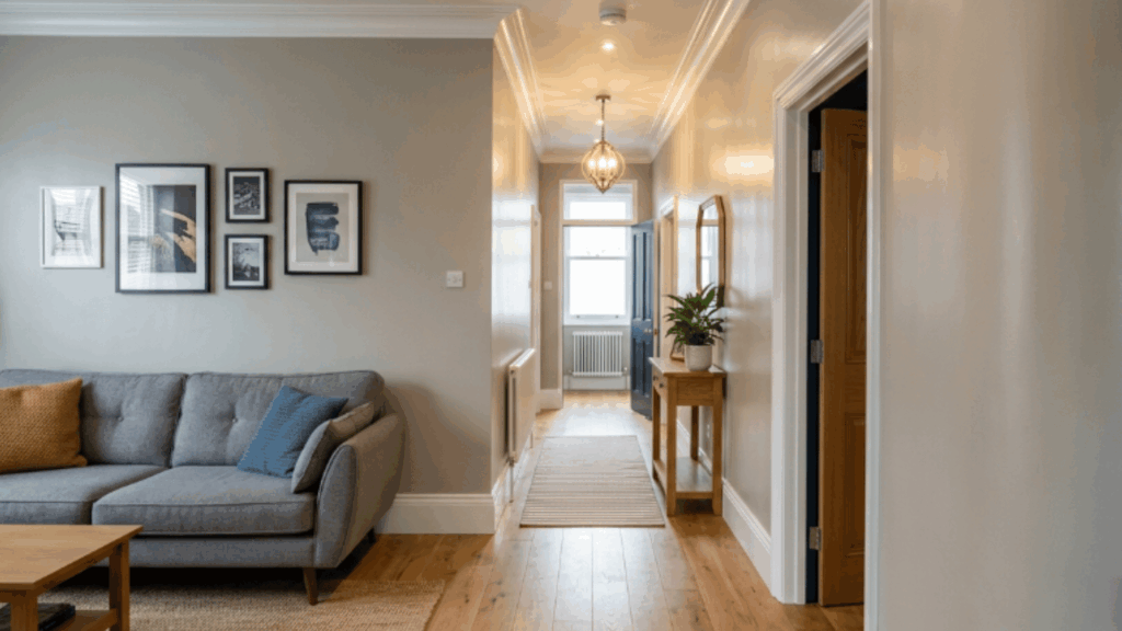 satin paint finish on hallway wall with noticeable sheen and smooth reflective surface under warm indoor lighting