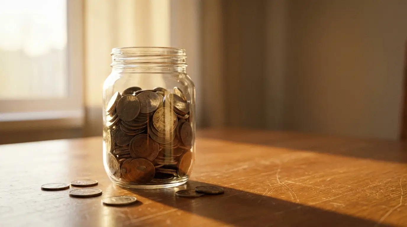 Coins in a glass jar on a wooden table with soft afternoon sunlight