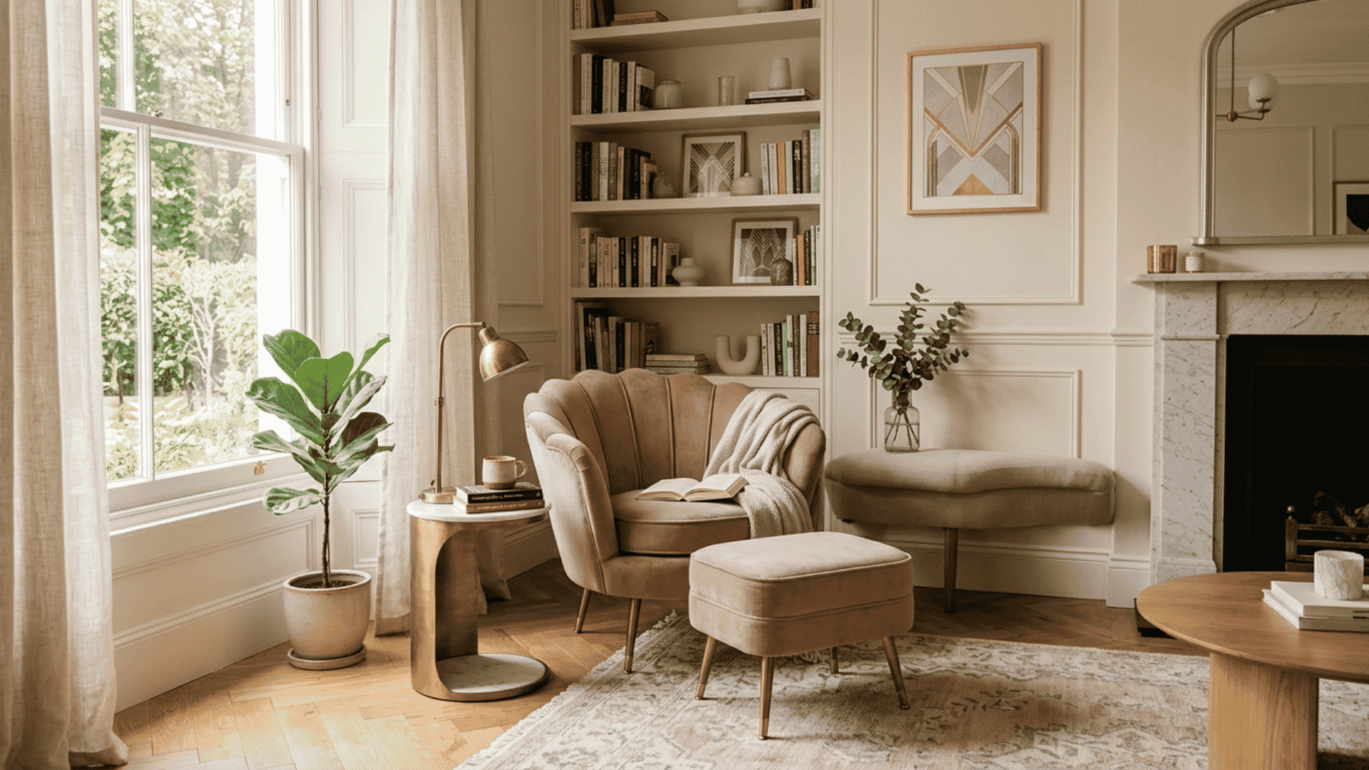 scalloped chair in reading nook with soft tones and balanced layout in art deco interior style