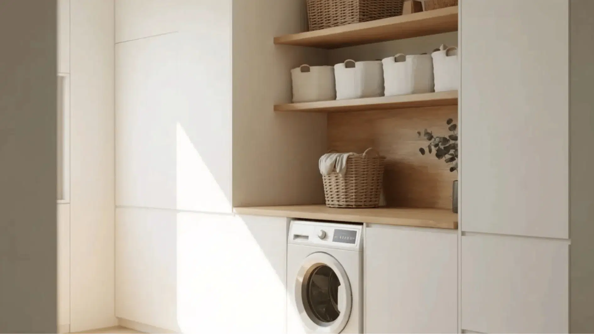 scandinavian laundry corner with white cabinets, wood shelves, baskets, and a bright airy design