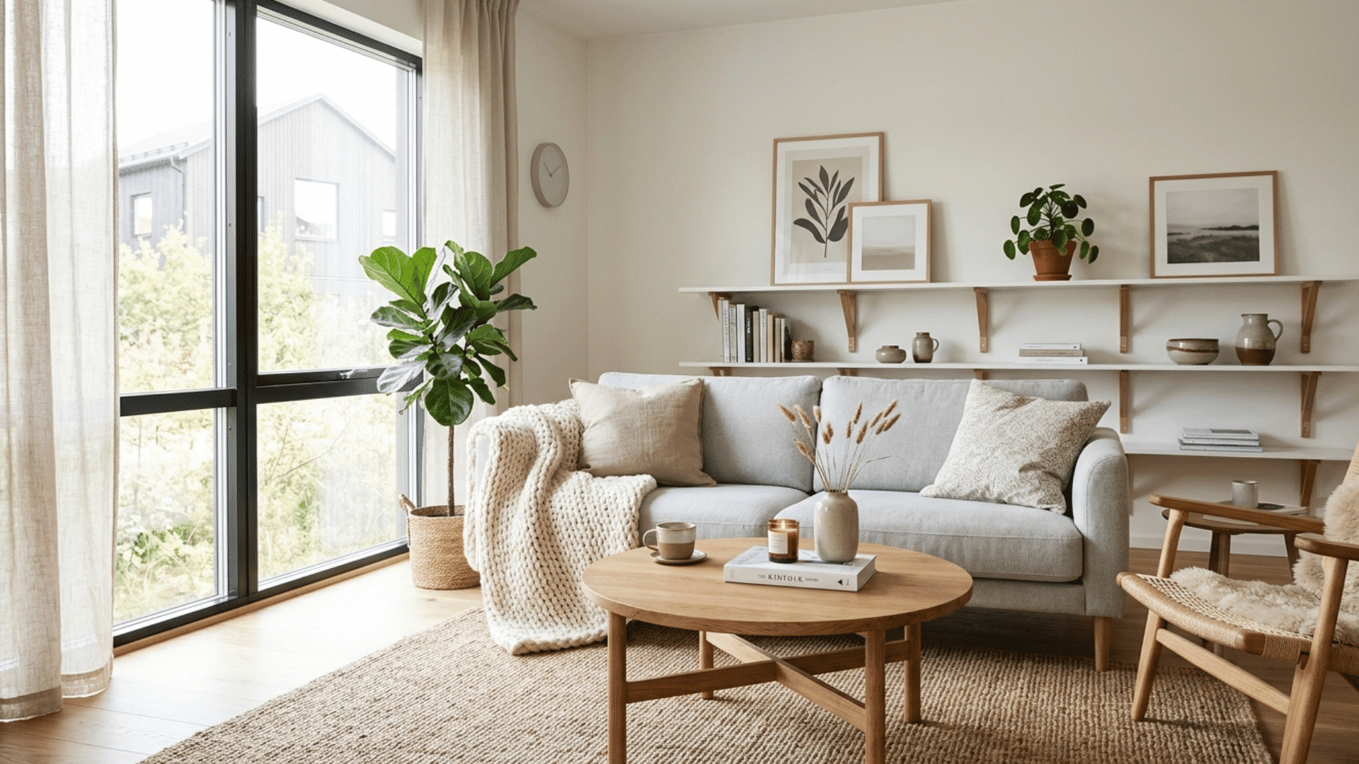 scandinavian living room with light colors, wood accents, and cozy textures.