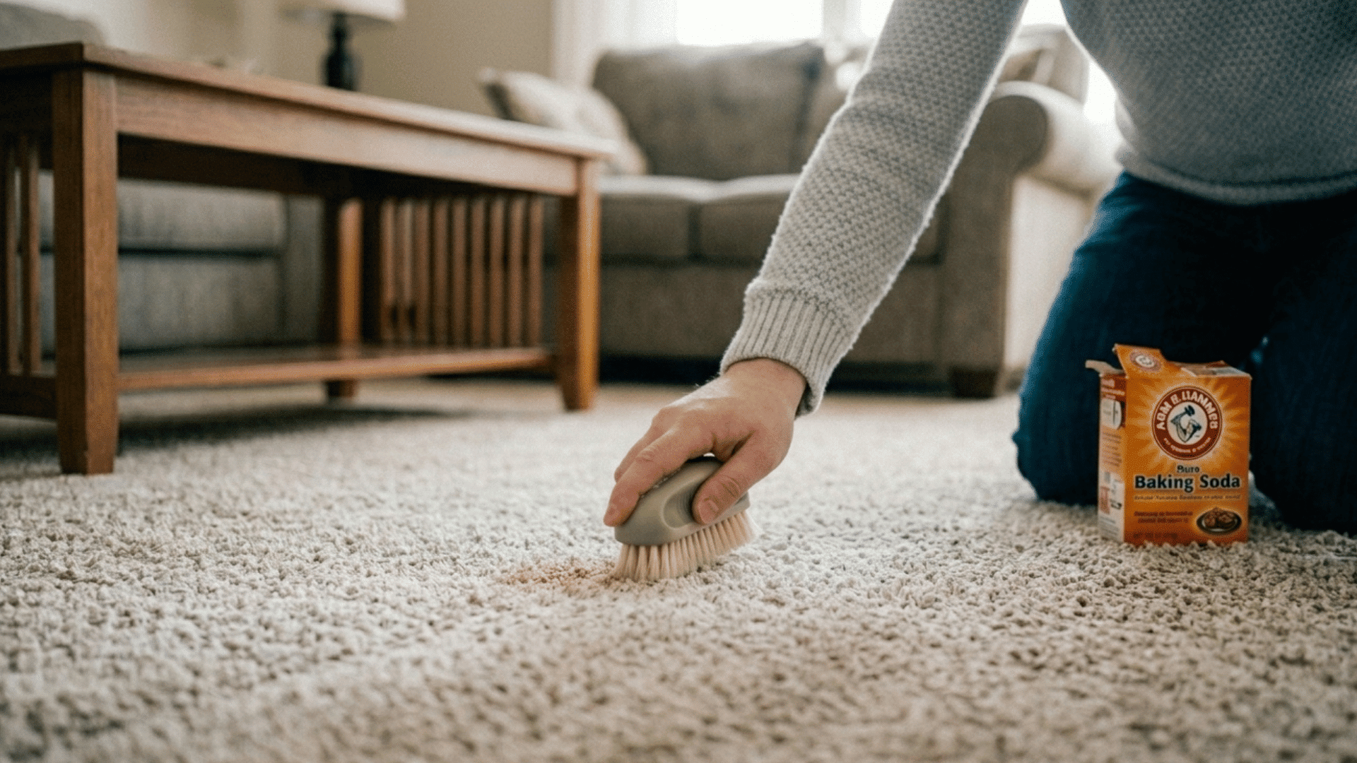 scrubbing carpet stain gently with brush and baking soda treatment.