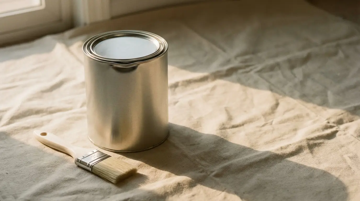 Paint can and brush on canvas drop cloth in natural sunlight