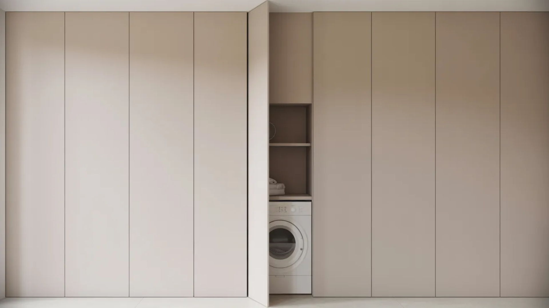 seamless wall panels with hidden laundry space, partially open to reveal washer and minimal shelving