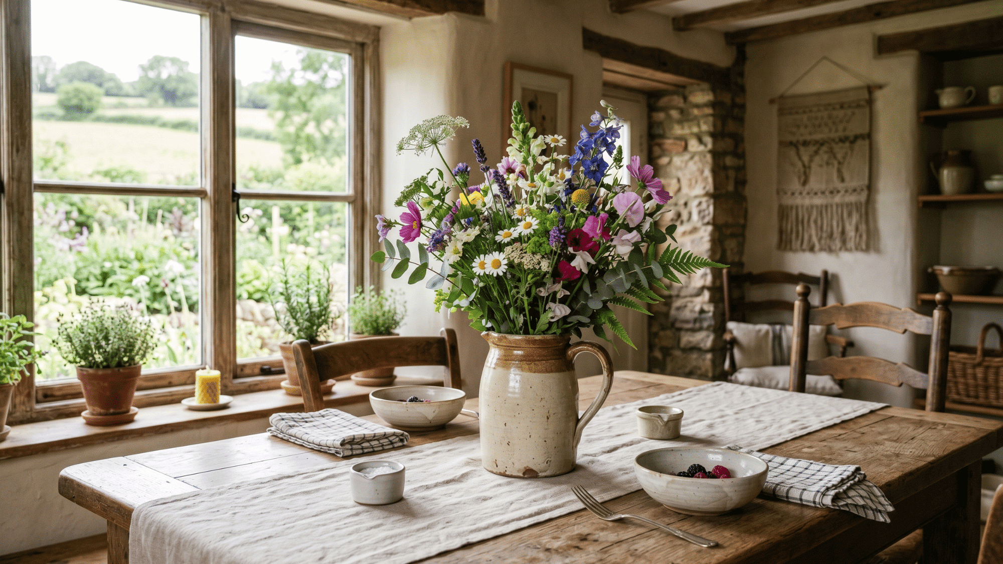 seasonal flowers used as a fresh and vibrant dining table centerpiece