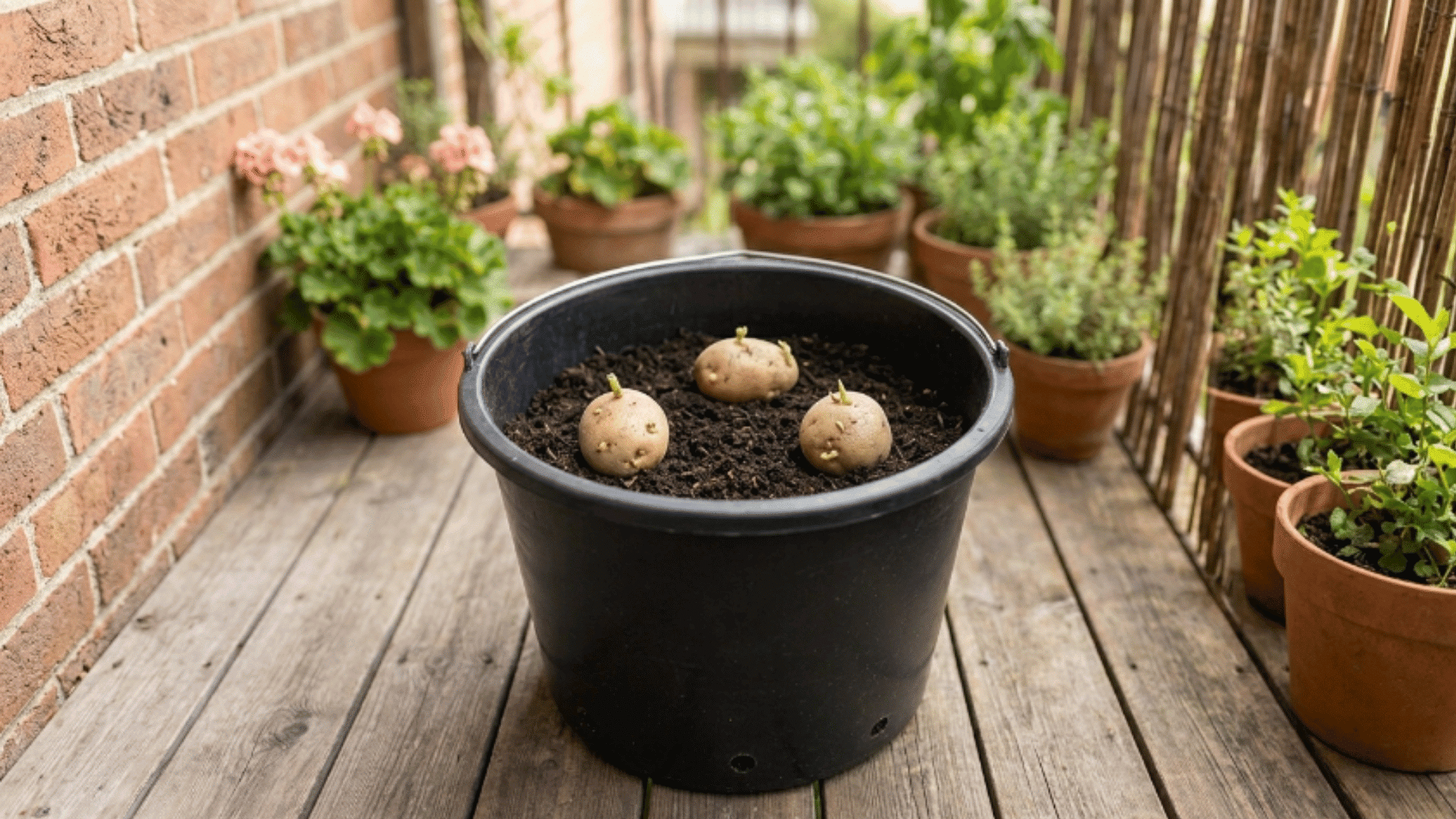 seed potatoes placed on soil with eyes facing upward inside black bucket