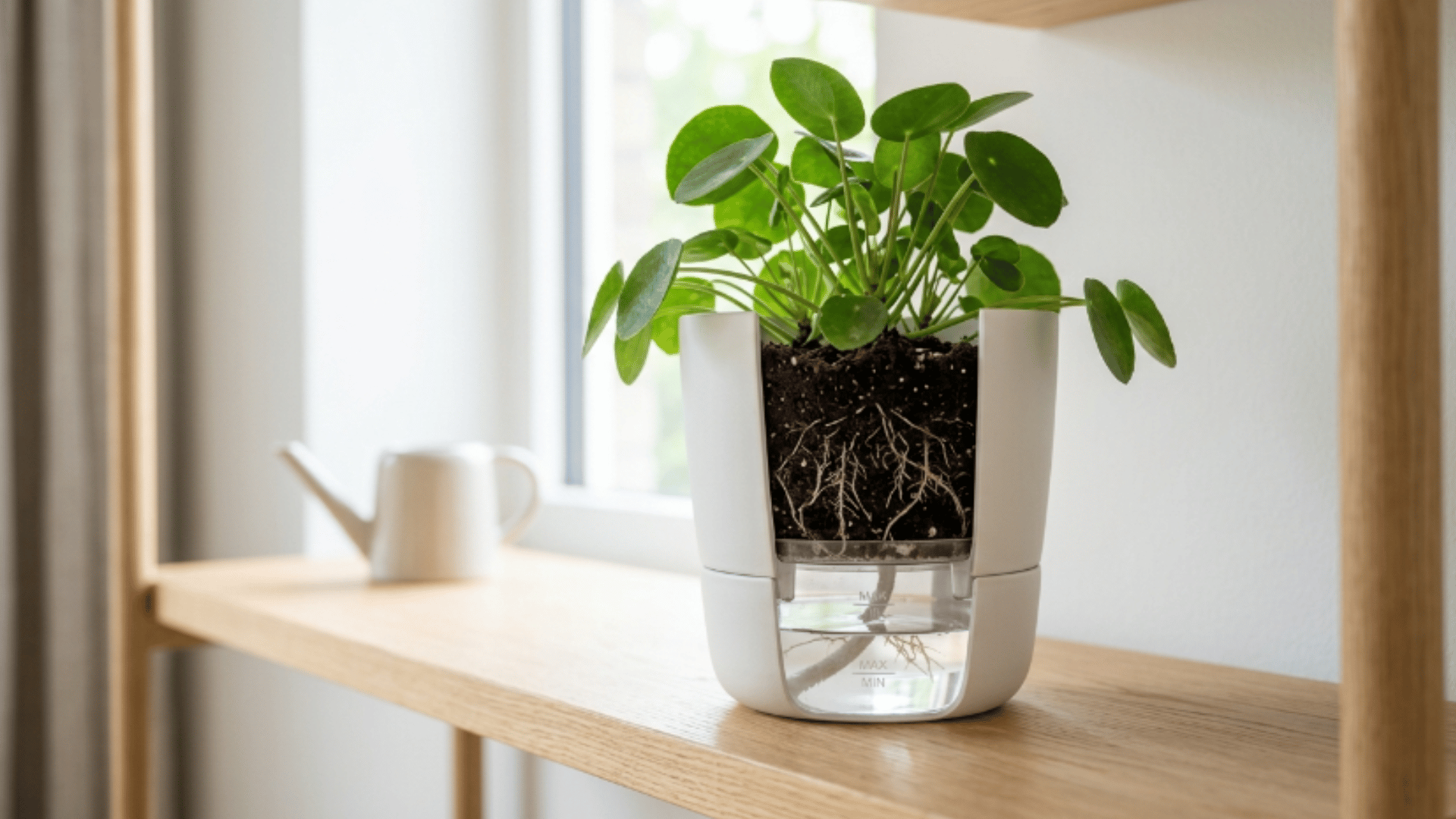 self watering plant pot with built in reservoir system showing roots drawing water from bottom