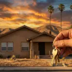 Hand holding keys in front of house with mountainous sunset backdrop and palm trees