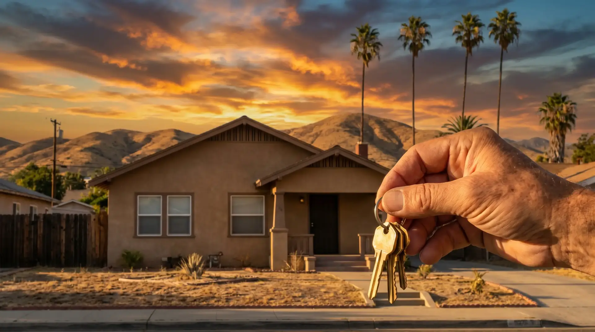 Hand holding keys in front of house with mountainous sunset backdrop and palm trees