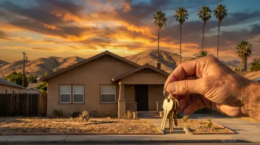 Hand holding keys in front of house with mountainous sunset backdrop and palm trees