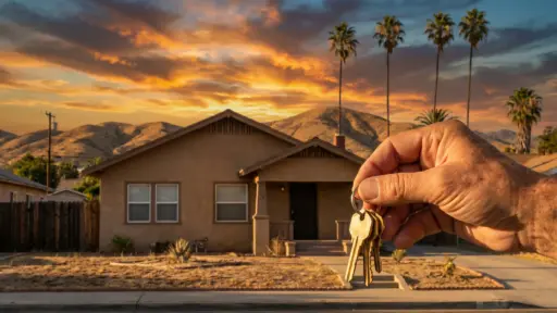 Hand holding keys in front of house with mountainous sunset backdrop and palm trees