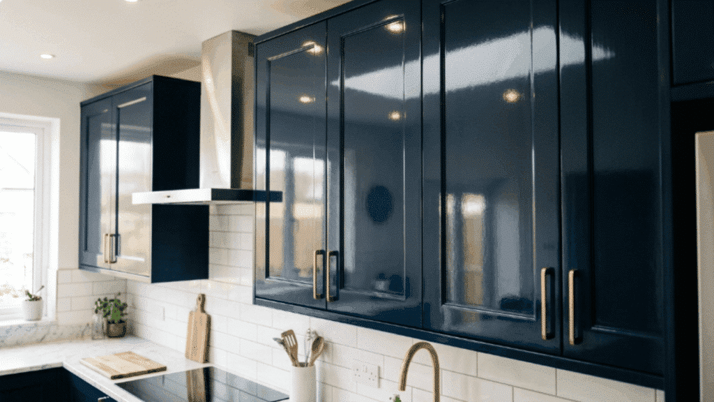 semi gloss paint finish on kitchen cabinets with clear light reflections and shiny smooth painted surface