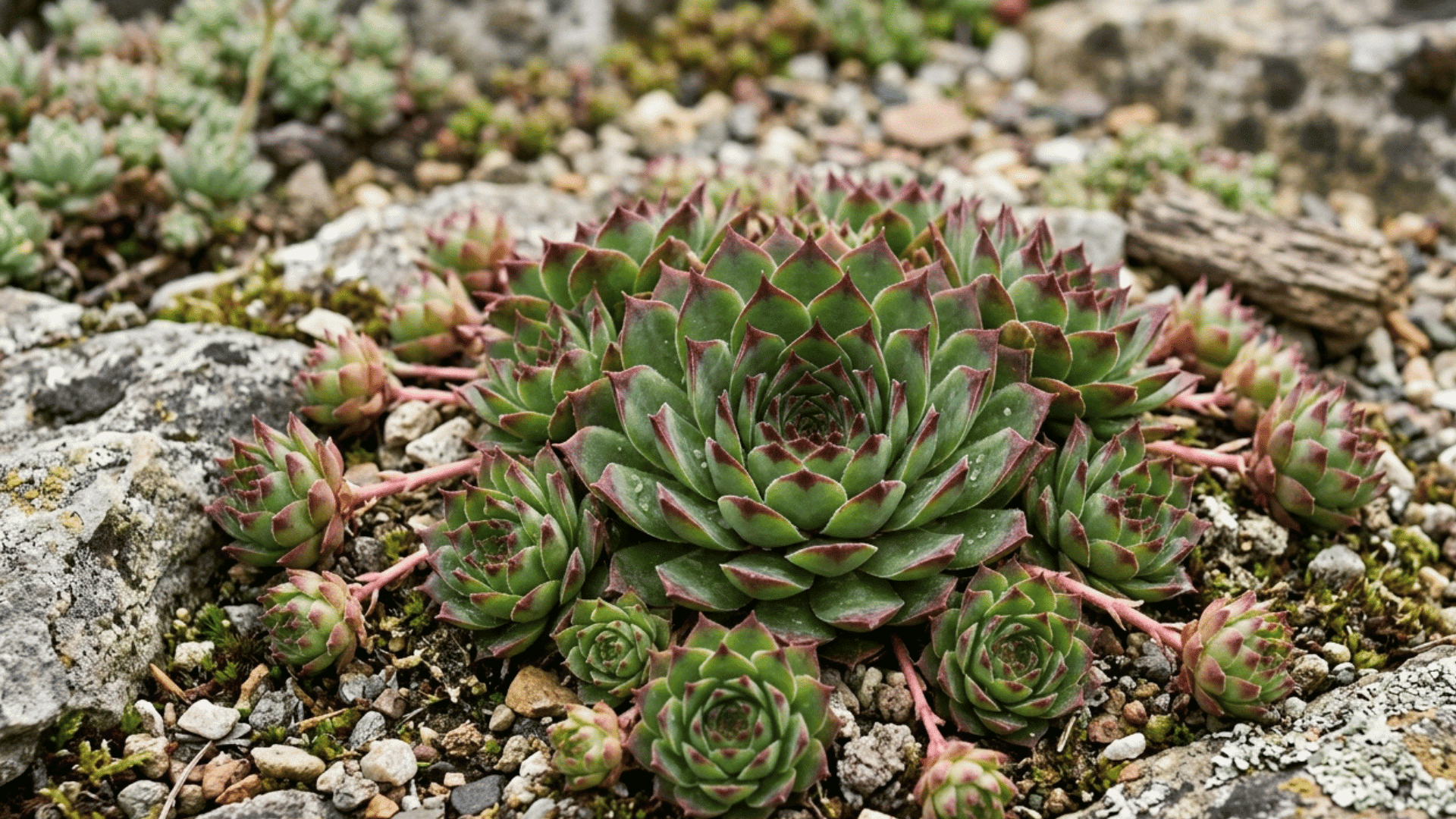 sempervivum hens and chicks growing in a rocky garden with clustered rosettes.