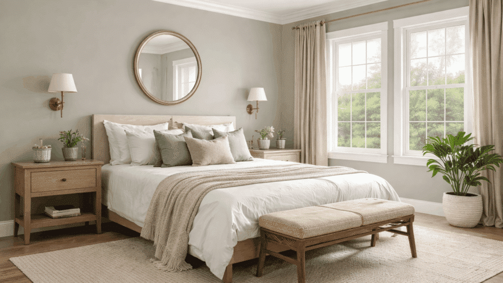 serene bedroom with escape gray walls, light oak furniture, and natural light