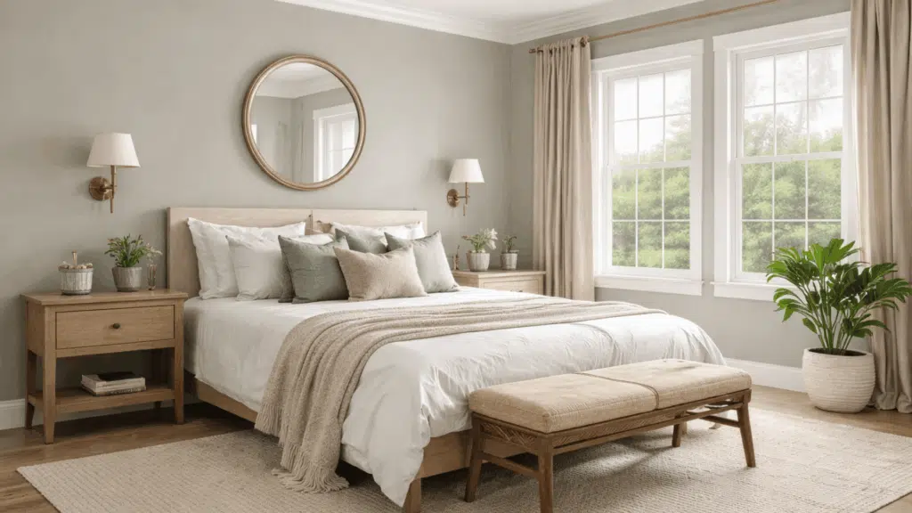 serene bedroom with escape gray walls, light oak furniture, and natural light