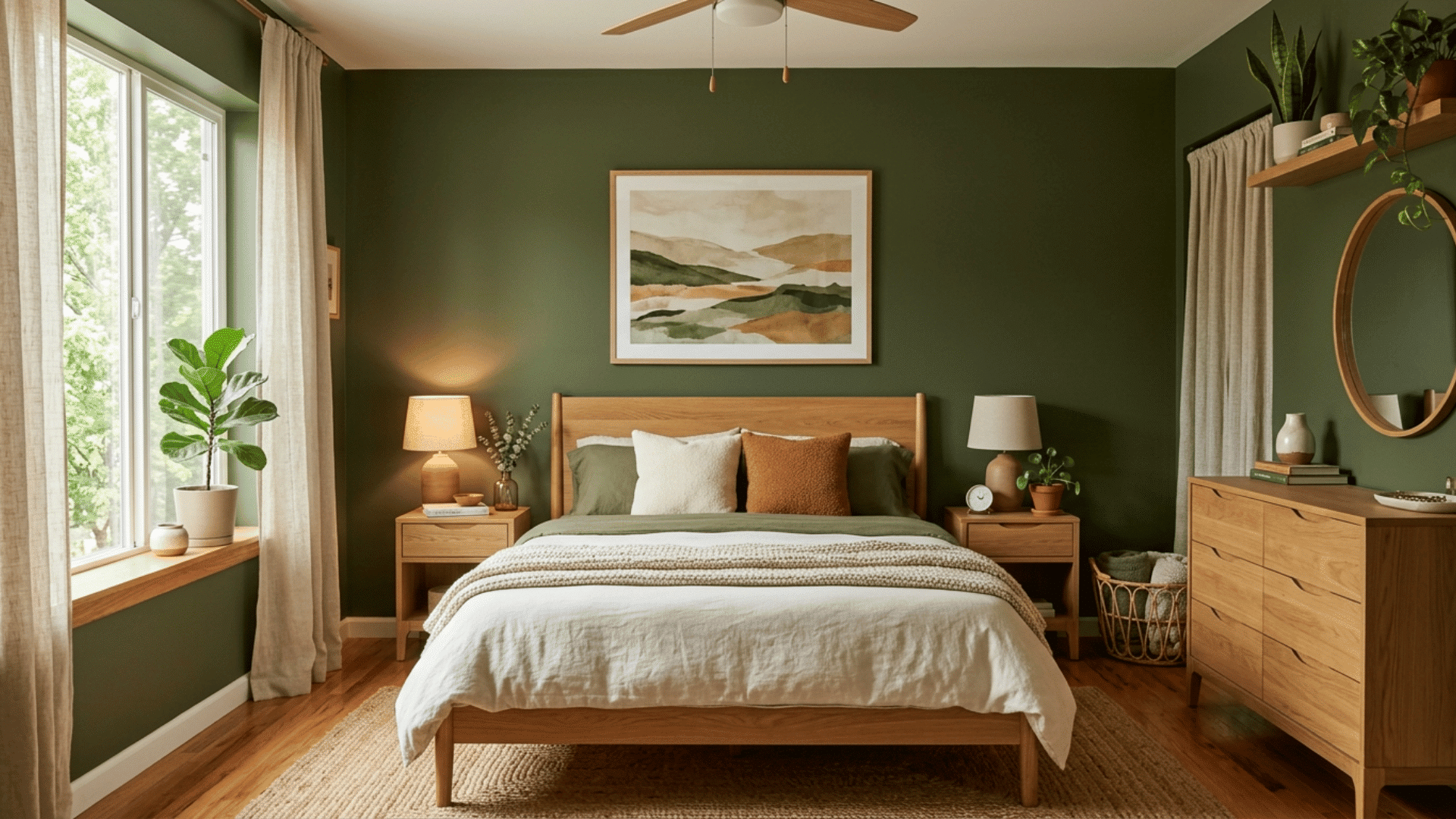 serene green bedroom with natural wood bed, soft textiles, framed landscape art, and balanced lighting for a calm feel