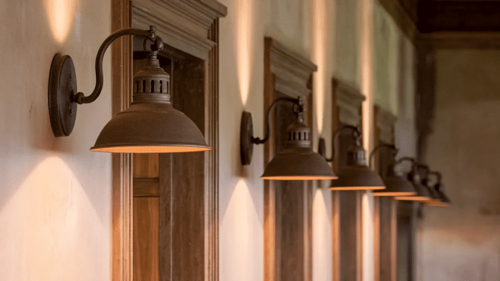 series of vintage-style sconces lighting up the walls, adding warmth and ambiance