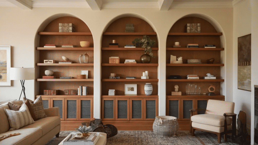 series of vintage-style sconces wall embed arched book shelves