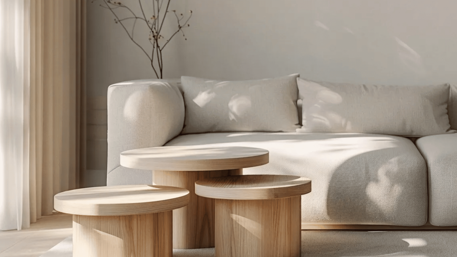 set of nesting tables in living room, empty surfaces, wide view, modern layout, clean space