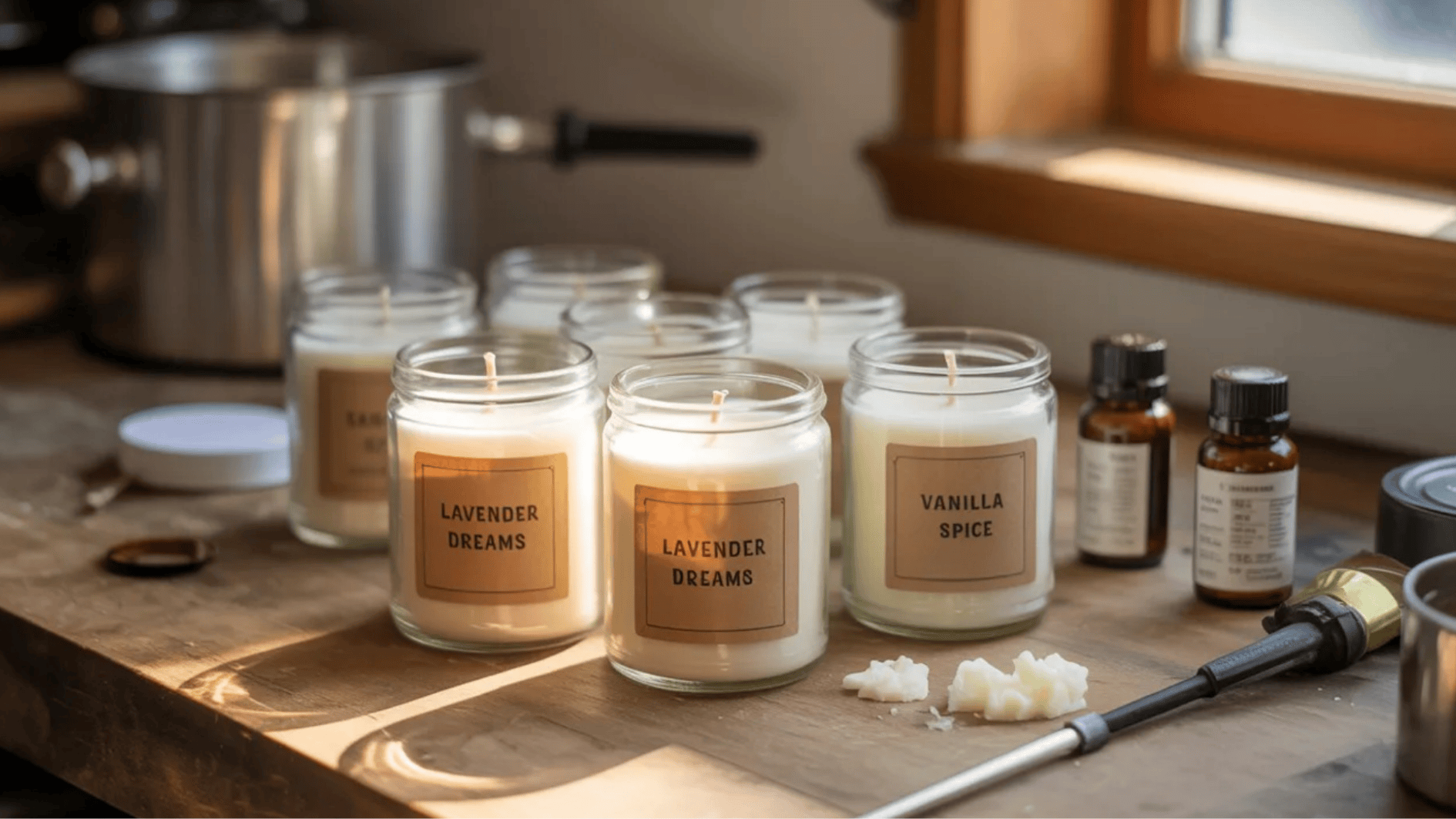 several handmade scented candles in glass jars labeled lavender dreams and vanilla spice arranged on wooden table with oils and tools nearby