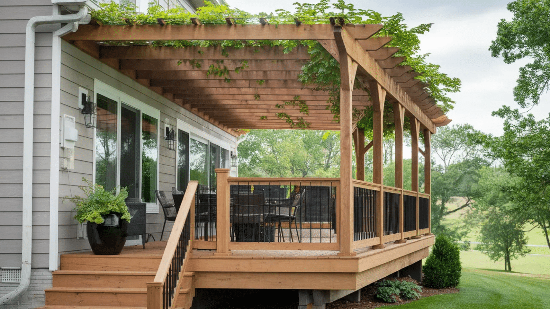 shade provides elegant protection from the sun for an outdoor dining area