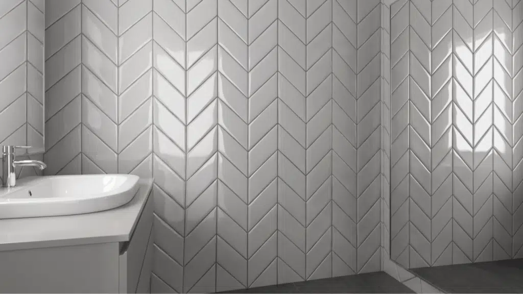 sharp zigzag pattern with precise tile cuts for a bold, modern look.