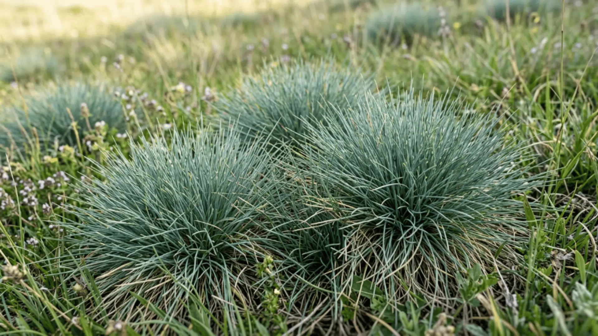 sheep fescue with bluish green color fine texture and small tufted grass clumps