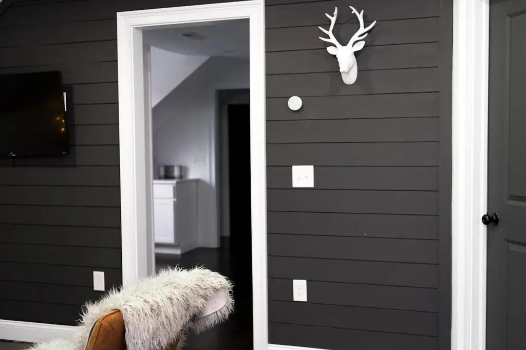 Dark paneled room with wall-mounted TV and antler decoration next to doorway