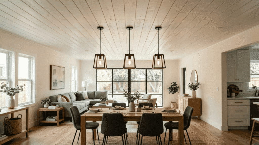 shiplap boards paired with pendant lights create visual layers while the ceiling texture enhances the lighting focus.