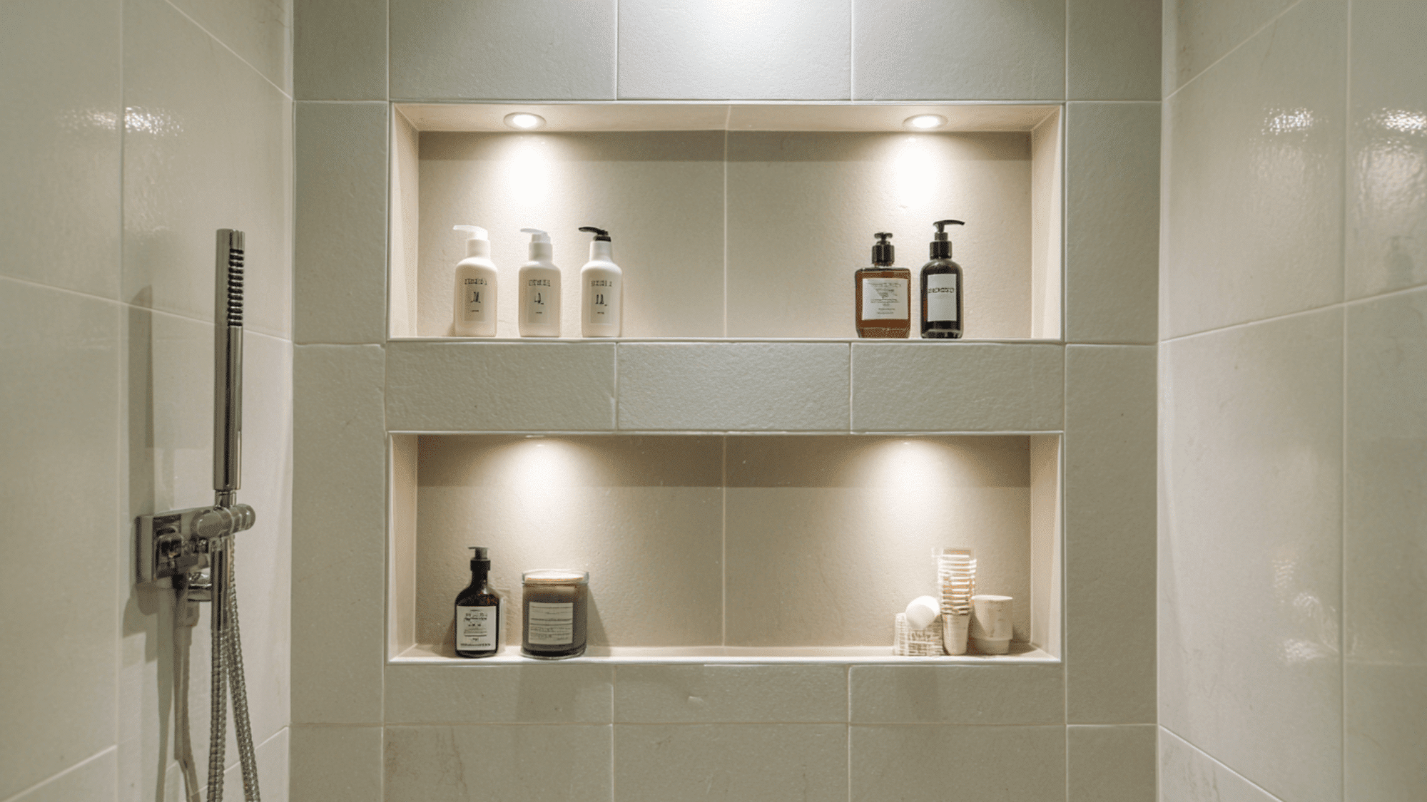 shower niche storage built into wall for organized clutter free and modern bathroom look
