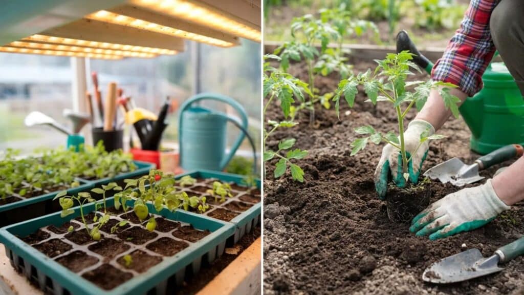side-by-side images showing seedlings growing under indoor grow lights and a gardener transplanting young plants into garden soil