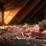 Rat on pink insulation in dimly lit attic with wooden beams and scattered debris