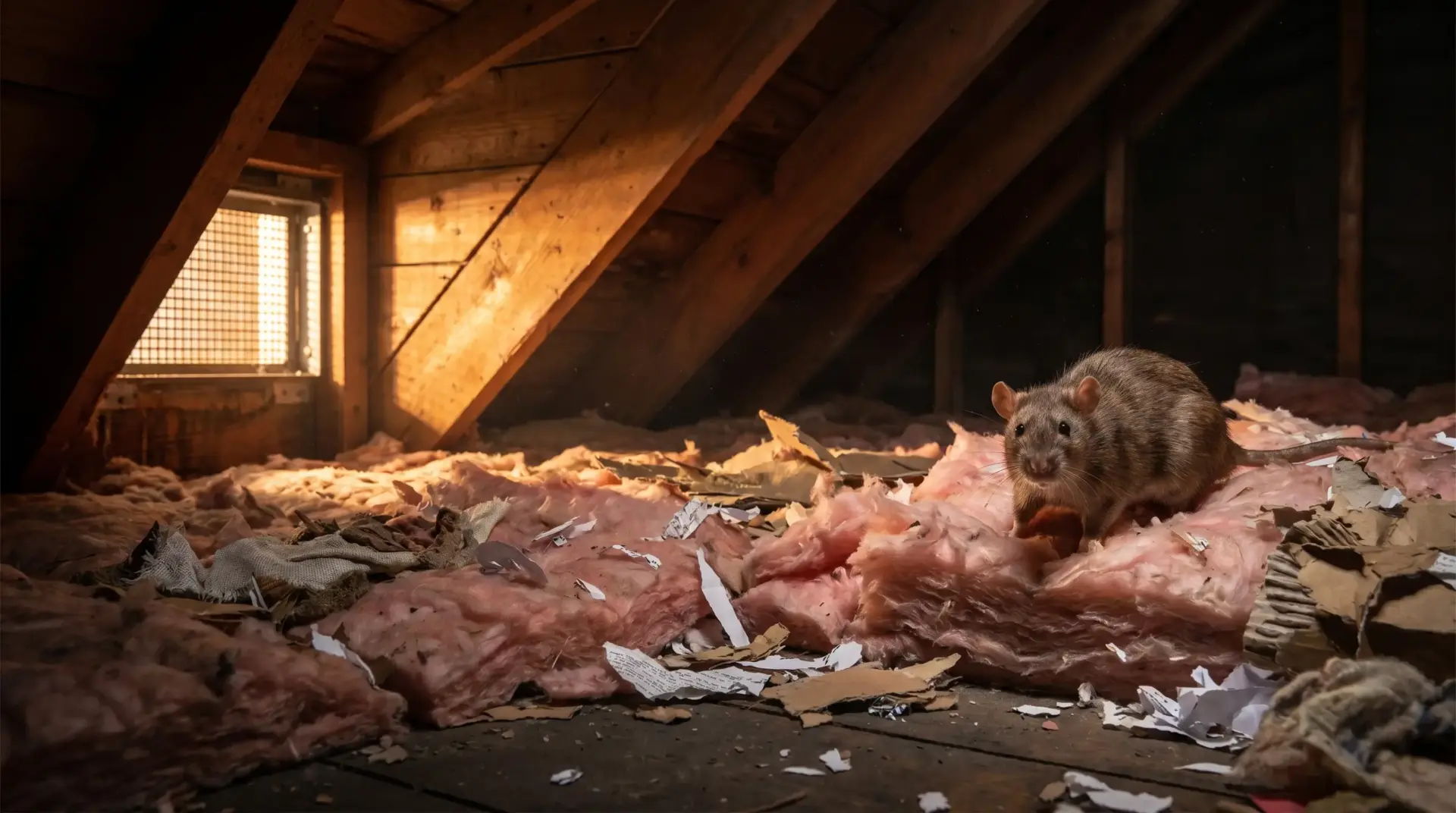 Rat on pink insulation in dimly lit attic with wooden beams and scattered debris
