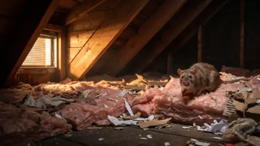 Rat on pink insulation in dimly lit attic with wooden beams and scattered debris