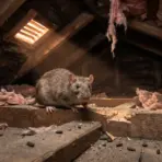 Brown rat exploring wooden attic among scattered insulation and debris