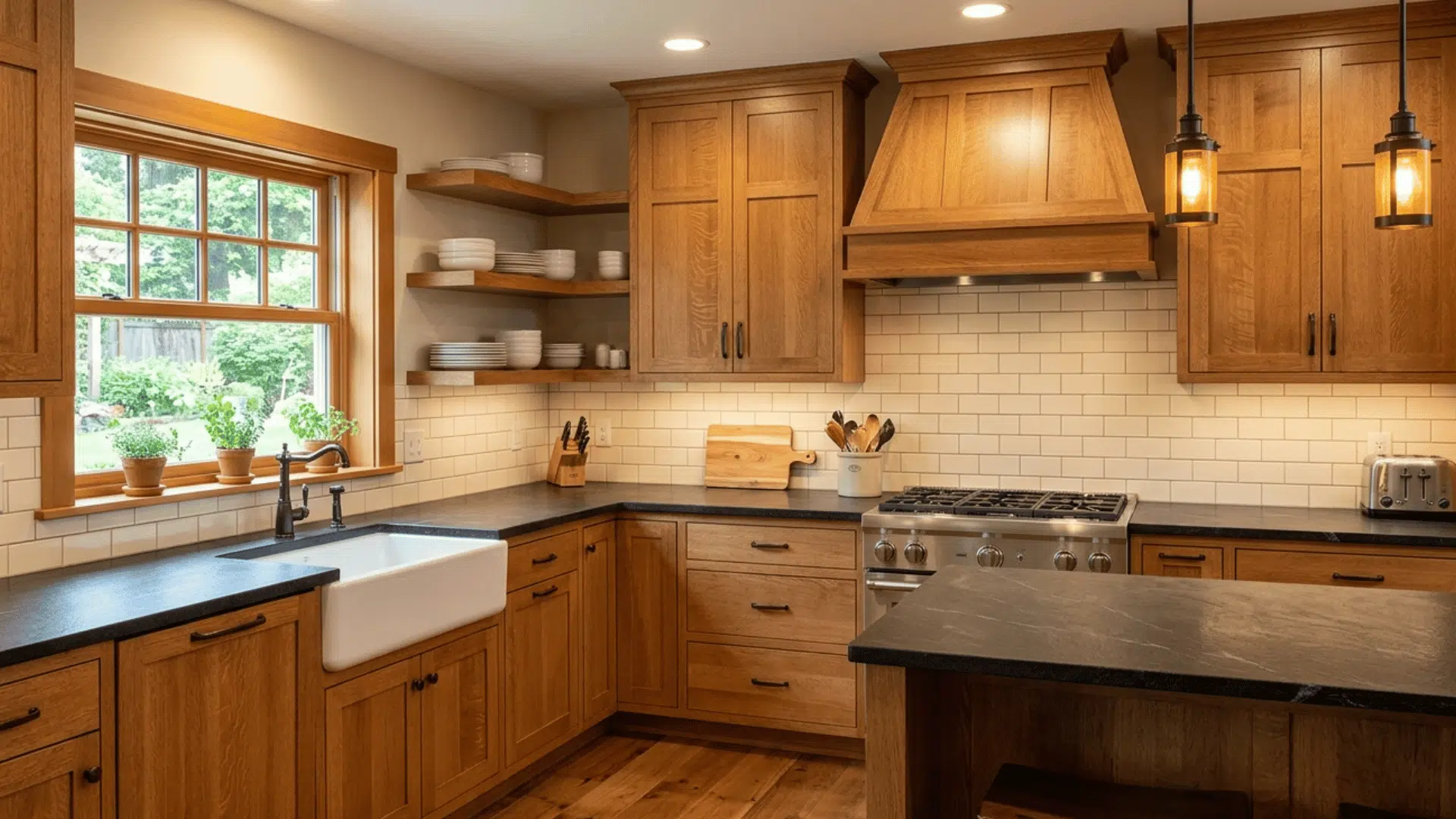 simple backsplash design with subway tiles in Craftsman style kitchen.