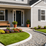 simple front yard landscaping with neat lawn, flower beds, potted plants, curved gravel path, and clean home exterior design
