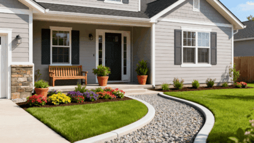 simple front yard landscaping with neat lawn, flower beds, potted plants, curved gravel path, and clean home exterior design