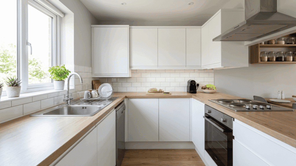 simple kitchen with laminate countertops, clean white cabinets, budget-friendly design, and bright natural lighting
