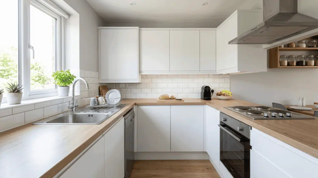 simple kitchen with laminate countertops, clean white cabinets, budget-friendly design, and bright natural lighting