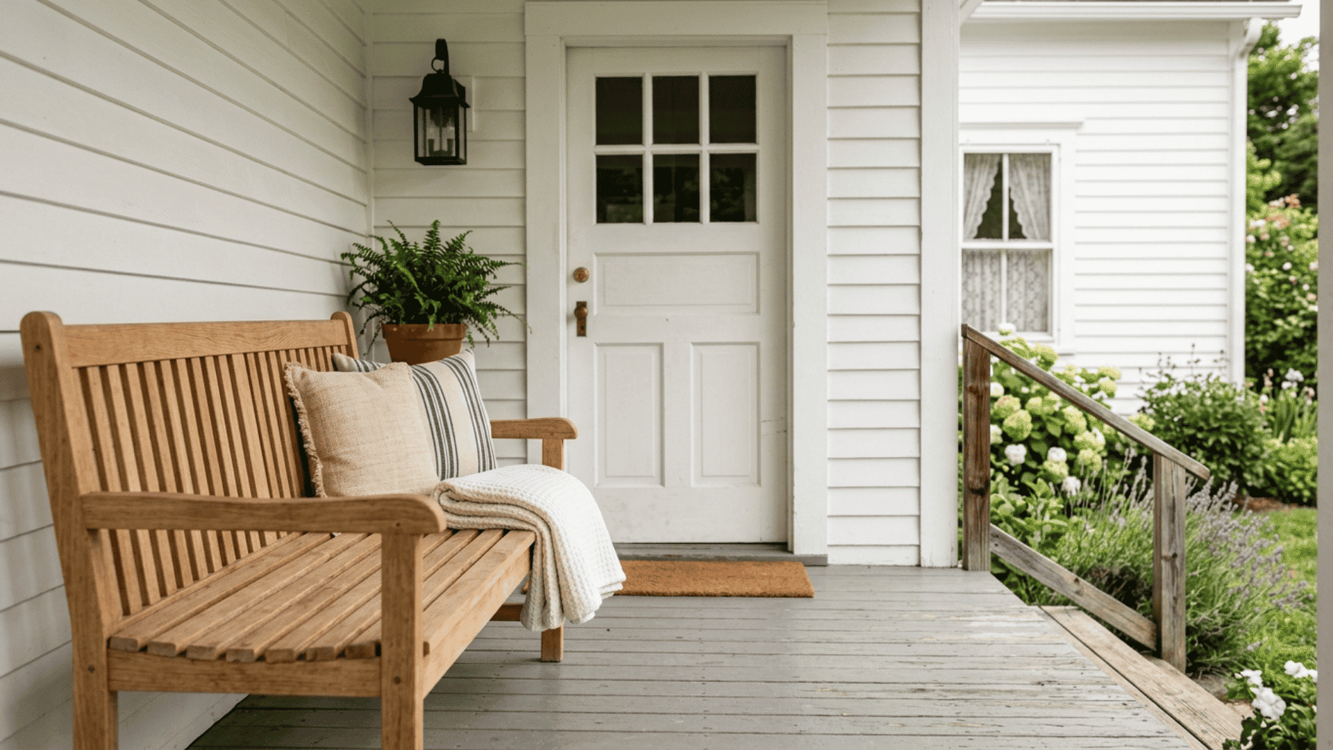 simple slatted wooden bench with folded throw and cushions on a small minimal farmhouse front porch