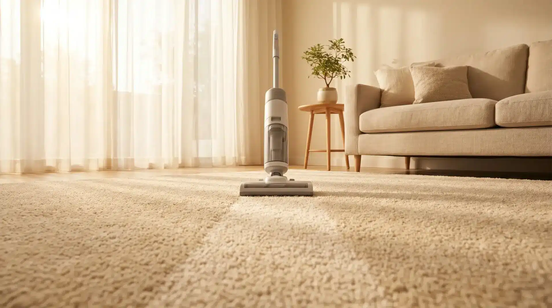 Cordless vacuum on beige carpet in sunlit living room with light sofa and potted plant