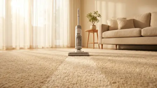 Cordless vacuum on beige carpet in sunlit living room with light sofa and potted plant