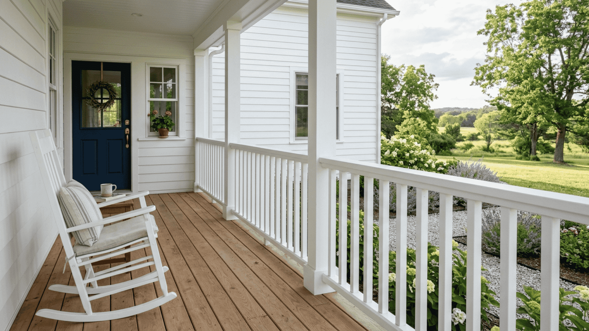 simple white painted wood railings with square balusters along the edge of a farmhouse front porch