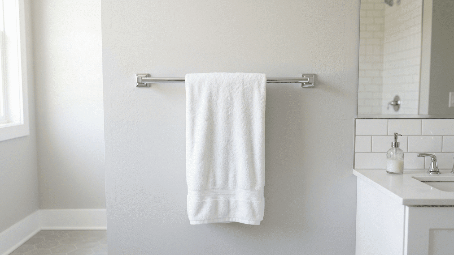 single chrome towel bar fixed on a gray bathroom wall with one white towel hanging at standard height