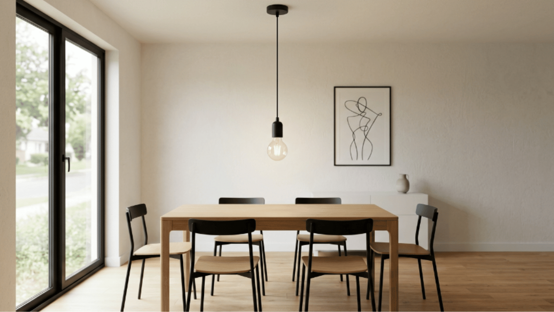 single exposed bulb hanging above empty dining table in a simple minimal dining space