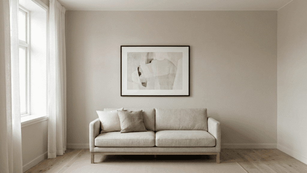 single framed artwork centered on a wall above a sofa at eye level in a simple neutral toned room
